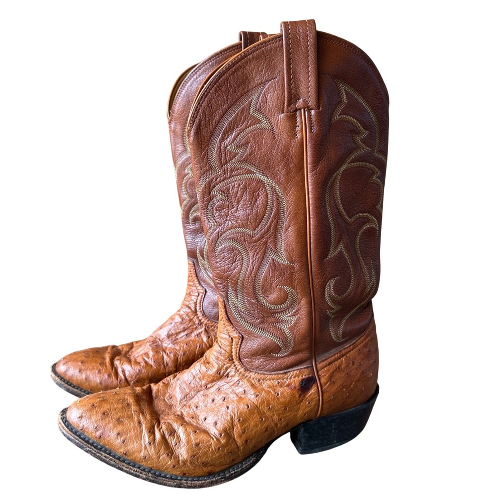 Tony Lama Mens 11 D Full Quill Ostrich Leather Cowboy Boots Cognac Brown Q6002